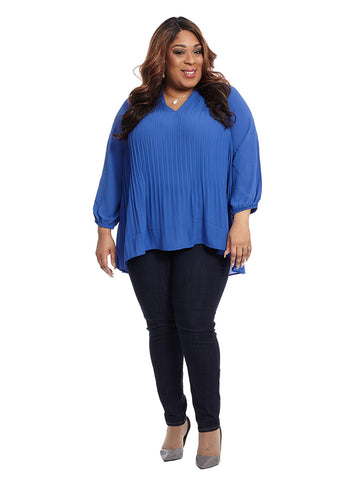 Pleated V-Neck Top In Dazzling Blue