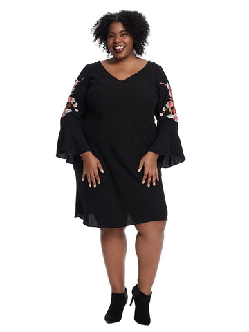 Bell Sleeve Black Dress With Floral Applique