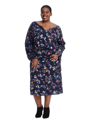 Long Sleeve Dress With Notch Neck Detail In Floral Print