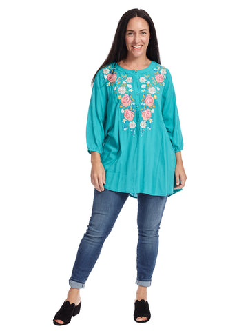 Three-Quarter Sleeve Floral Embroidered Teal Top