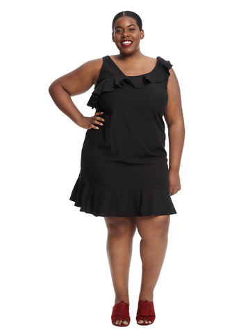 Sleeveless Asymmetrical Ruffle Hem Detail Black Dress