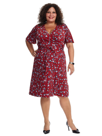 Red Floral Printed Flutter Sleeve Faux Wrap Dress