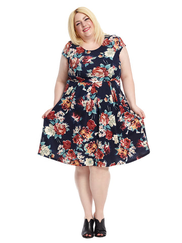 Cap Sleeve Fit And Flare In Navy Floral Print