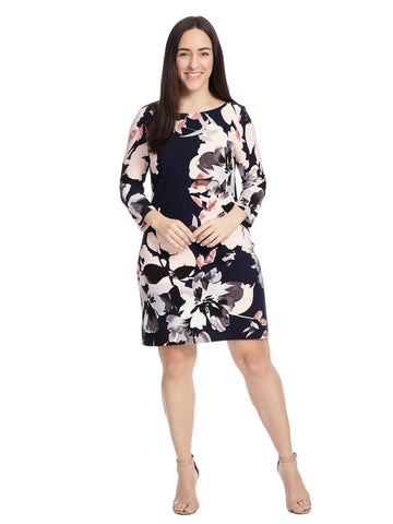 Three-Quarter Sleeve Floral Print Shift Dress