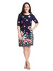 Elbow Length Sleeve Floral Print Dress In Navy And Pink