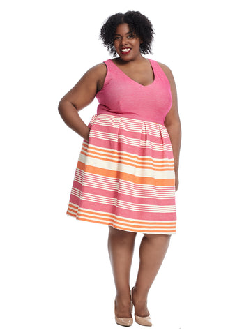 Sleeveless Pink and Citrus Stripe Fit and Flare Dress