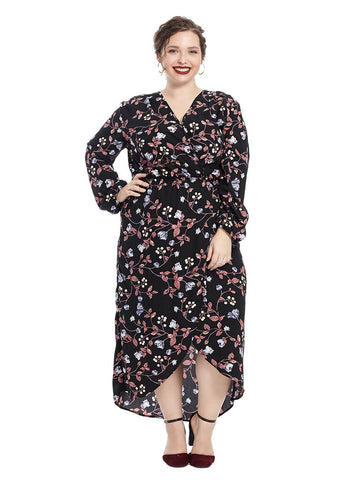 Long Sleeve Hi-Lo Dress In Multi Floral Print