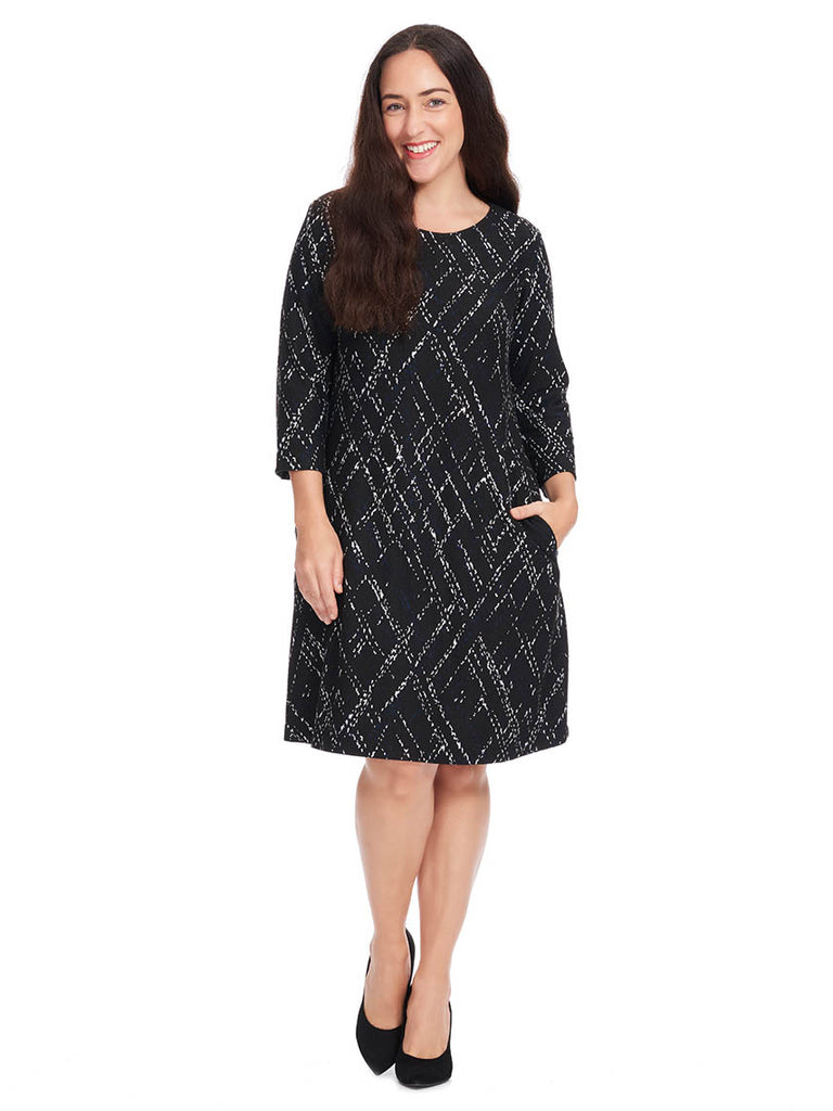Abstract Check Print Dress In Black & Ivory