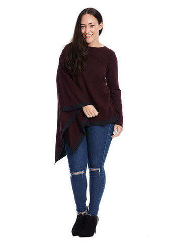 Poncho Top In Maroon With Gray Border