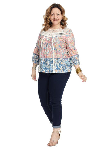 Pleated Front Lace Neck Floral Printed Top