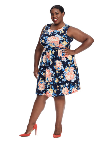 Sleeveless Navy Floral Fit And Flare Dress