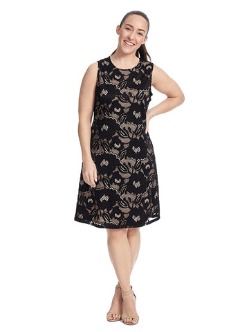 Sleeveless Floral Lace Dress In Black And Nude