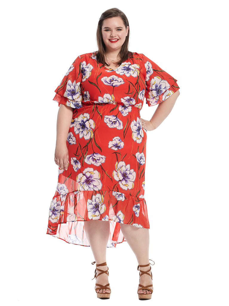 Layered Elbow Sleeve Dress In Red Floral Print