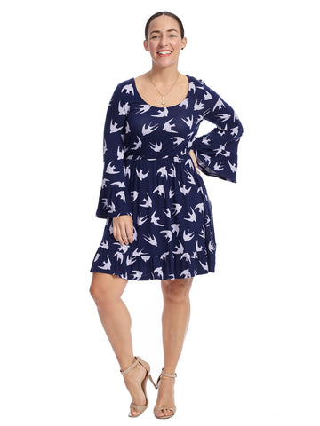 Bell Sleeve Knit Bird Printed Dress