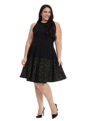 Claire Combo Dress In Black And Olive Floral Jacquard