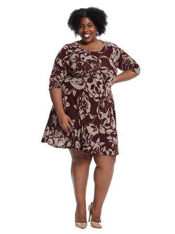 Fit And Flare Dress In Burgundy Floral Print