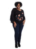 Long Sleeve V-Neck Top With Floral Print In Black