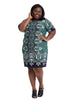 Elbow Sleeves Shift Dress In Navy And Green Print
