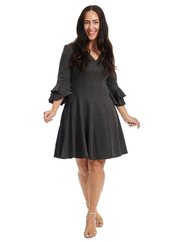 Ruffle Sleeve Grey Fit And Flare Dress