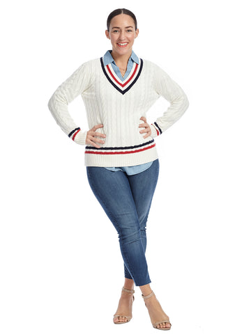 Long Sleeve Navy And Red Striped White V-Neck Sweater