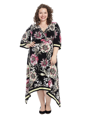 V-Neck Kimono Dress In Floral Stripe Combo
