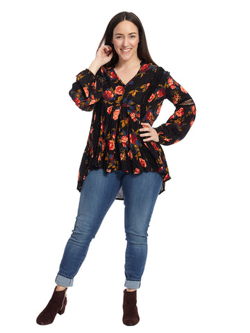 Stitch Detail Floral Print Long Sleeve Top