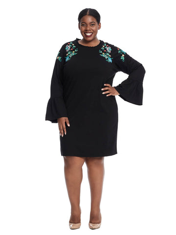 Flounce Sleeve Embroidered Dress In Black
