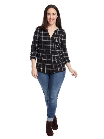Plaid Henley Top With Tab Sleeves In Black
