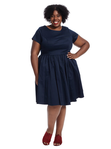 Short Sleeve Navy Fit And Flare Dress