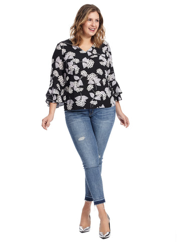 V-Neck Printed Blouse With Flounce Sleeves