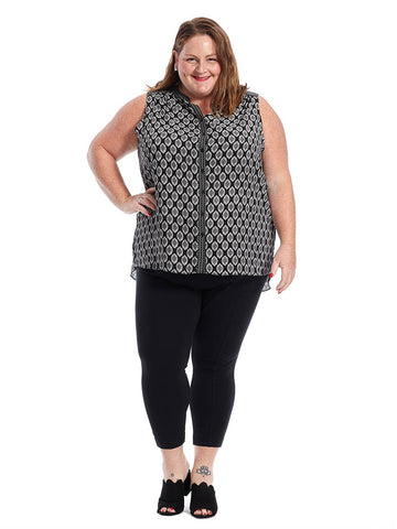 Sleeveless  Button Down Top In Black Print