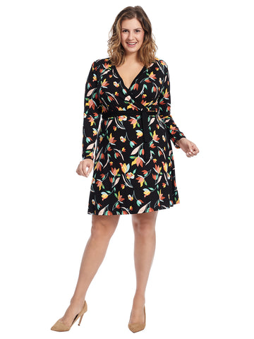 Long Sleeve Floral Printed Faux Wrap Dress