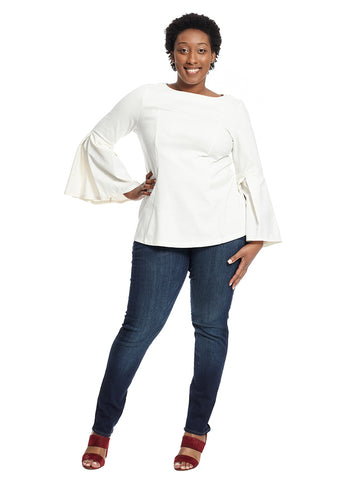 Pleated Sleeve Tunic Top In Soft White