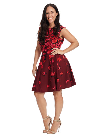 Floral Red Scuba Fit And Flare Dress