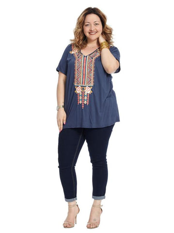 Short Sleeve Embroidered Navy Top