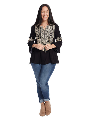 Bell Sleeve Embroidered Black Top