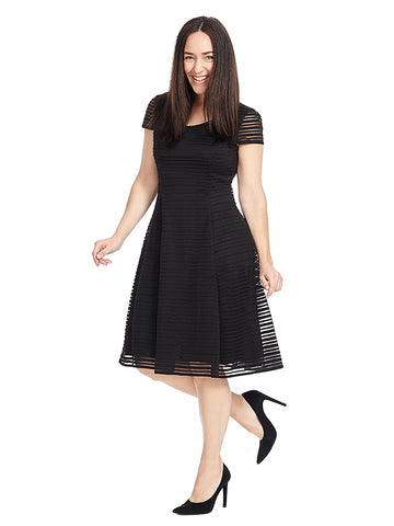 Short Sleeve Striped Fit And Flare Dress In Black