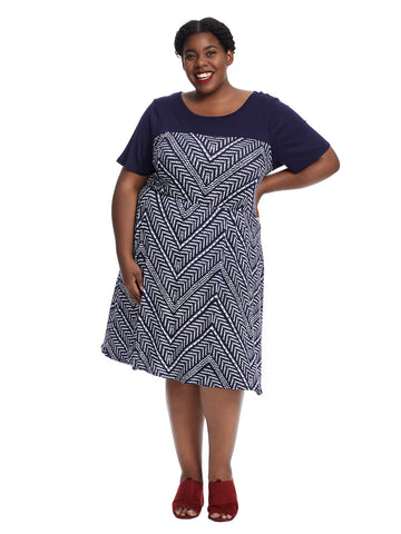 Short Sleeve Navy Print Fit And Flare Dress