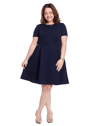 Short Sleeve Navy Eyelet Fit And Flare Dress