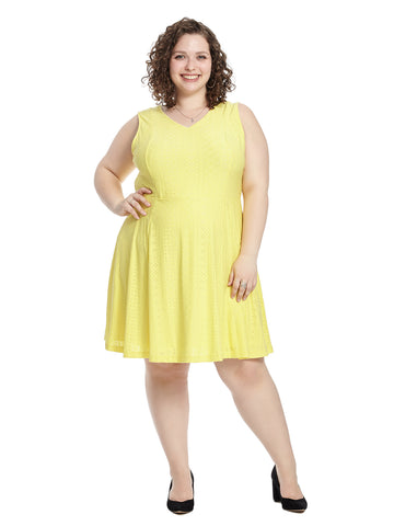 V-Neck Yellow Eyelet Fit And Flare Dress