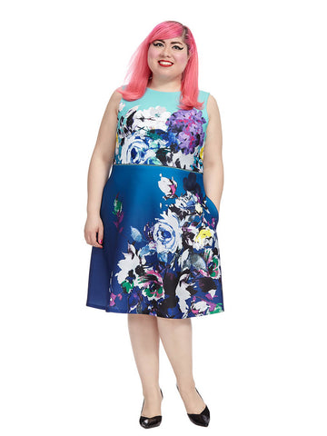 Mixed Floral Dress In Blue Multi