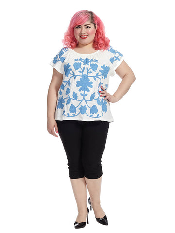 Blue Floral Embroidered Top