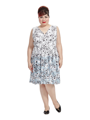 Blue Dipped Ivory Floral Dress